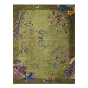 1920s Room Size Wool Green Floral Modern Antique Chinese Art Deco Carpet Rug