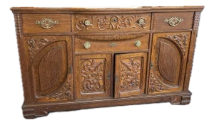 Antique Carved Oak Sideboard With Ornate Detailing