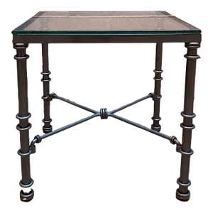 Vintage Giacometti Style Wrought Iron Side Table With Thick Glass Top