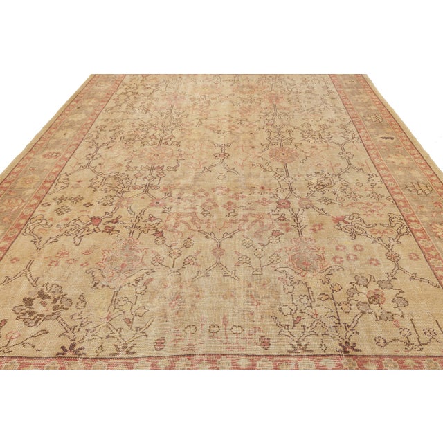 1940s Tan Handmade Turkish Oushak Wool Rug Featuring a Floral Motif For Sale - Image 5 of 11
