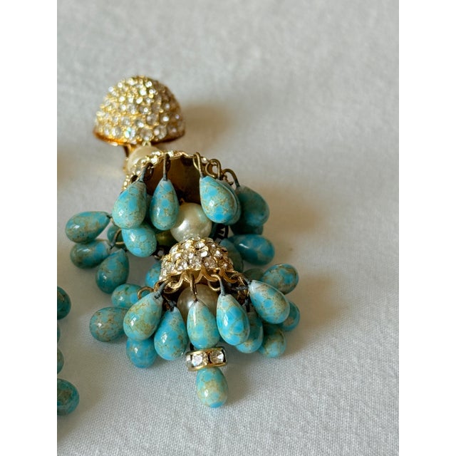 Mid-Century Modern Vintage 1950s Faux Turquoise Chandelier Clip-on Earrings, Gold-Tone, Pair For Sale - Image 3 of 16