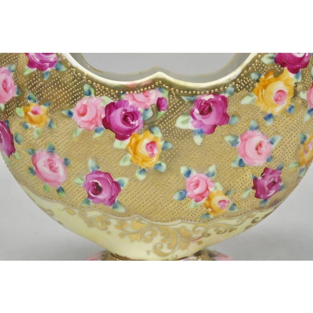 Early 20th Century Antique Japanese Nippon Hand Painted Porcelain Gold Gilt Handle Moon Basket Vase For Sale - Image 5 of 17