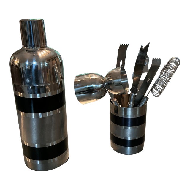 Vintage Stainless Steel "Tuxedo Stripe" 7-Piece Bar Tool Set For Sale