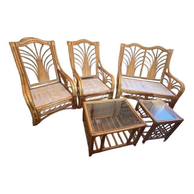 1950s Hollywood Regency Palm Fan Rattan Suite in the Palm Beach Taste For Sale