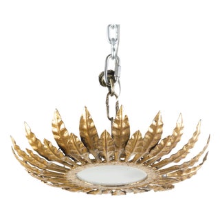 Mid 20th Century Spanish Gilt Metal Crown Chandelier with Leaves and Frosted Glass For Sale