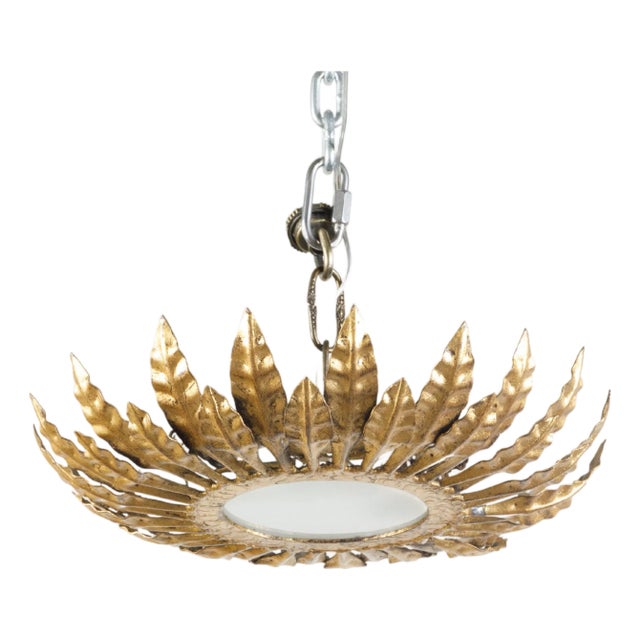 Mid 20th Century Spanish Gilt Metal Crown Chandelier with Leaves and Frosted Glass For Sale