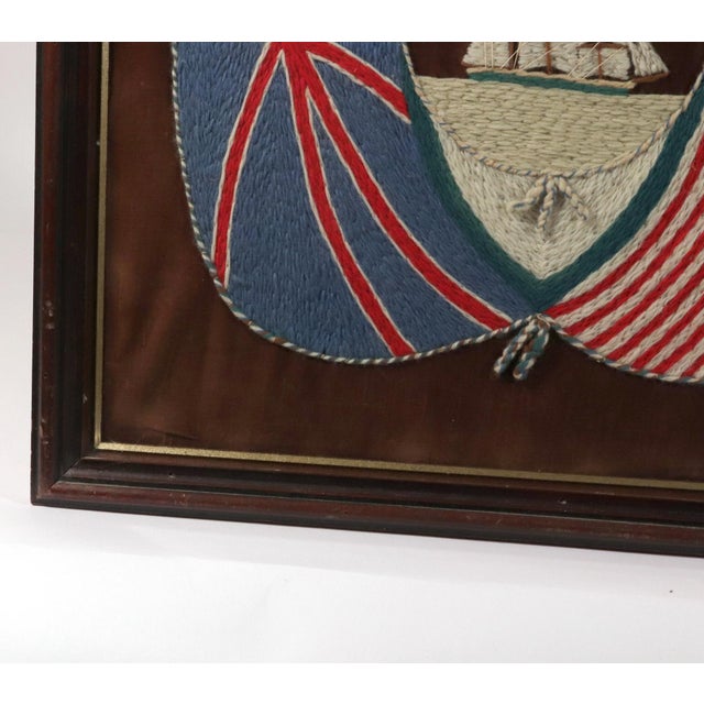 Late 19th Century Sailor's Woolworks, Rare Square Pair on Velvet With Union Jack, Stars and Stripes and Royal Navy Ensigns For Sale - Image 5 of 13