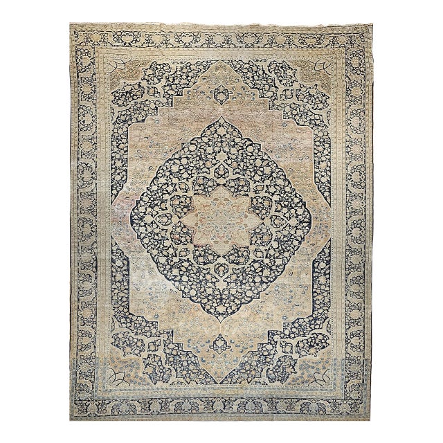 Antique Oversized Persian Tabriz Haji Jalili Carpet, Hand-Knotted Wool, Floral Pattern, Navy & Pale Red, 10x15 For Sale