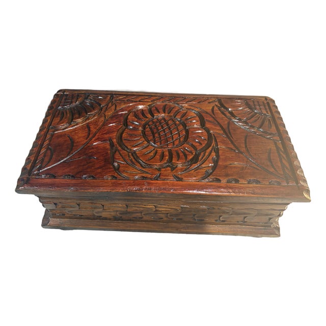 Vintage Hand Carved Wooden Box For Sale