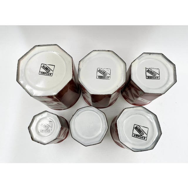 Red Antique French Enamel Kitchen Tins Set by Aubecq, 1920s, Set of 6 For Sale - Image 8 of 10