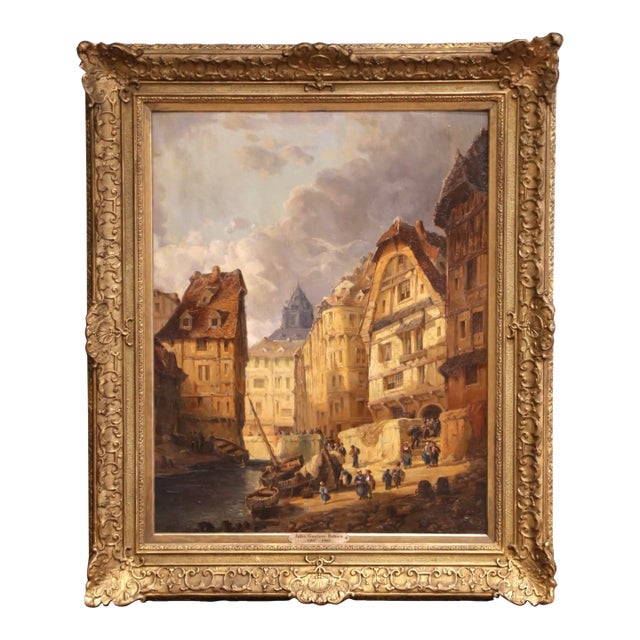 19th Century Belgium Harbor Scene Oil on Canvas Painting Signed Jules Bahieu For Sale