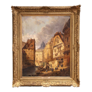19th Century Belgium Harbor Scene Oil on Canvas Painting Signed Jules Bahieu