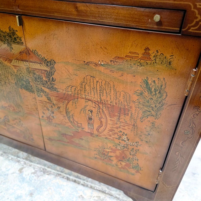 Vintage Ethan Allen Hollywood Regency Chinoiserie Stereo Bar Cabinet, Hand-Painted Chinese Landscape For Sale - Image 15 of 18