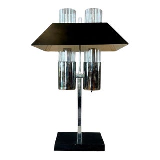Mid 20th Century Attributed to Raymor Chrome Black Metal Original Glass Cylinder Rectangular Shade Lamp For Sale