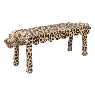 1990s Hand Carved Wooden Leopard Console Table: Tribal Folk Art Deco For Sale