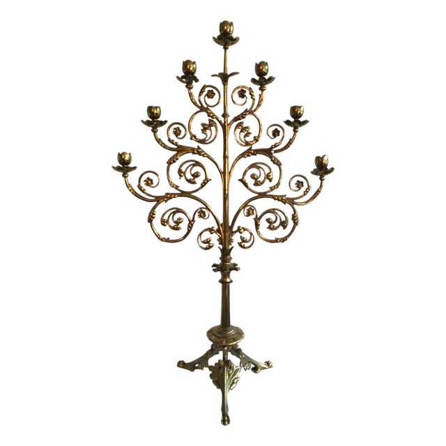 1940s Italianate Brass Candelabra With Scrolled Leaf Detailing For Sale
