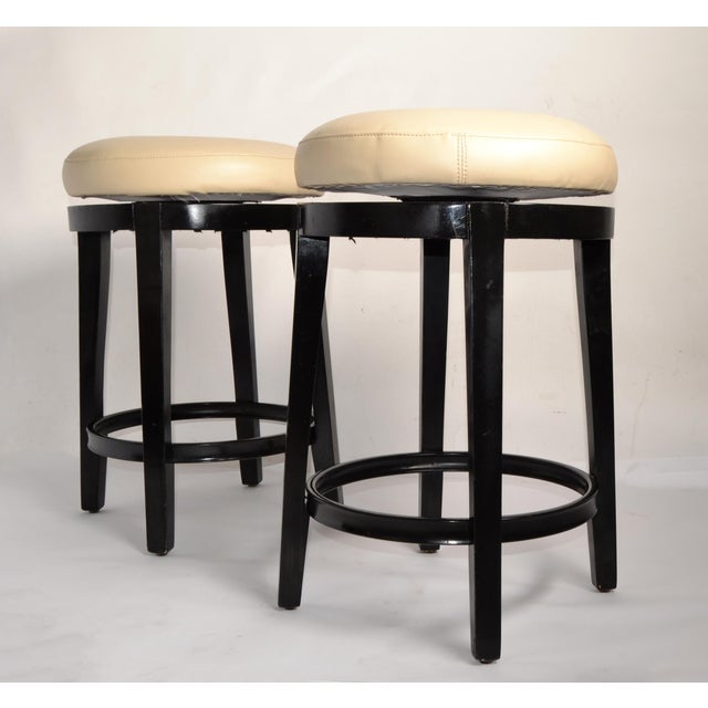 Baker Furniture Company Pair, Vintage Swivel 24 Inch Kitchen Stools Black Wood Tan-Beige Faux Leather Seats For Sale - Image 4 of 16