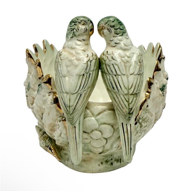 Antique Ceramic Lovebird (Parakeets) Gilded Shell Planter Cachepot Rare. For Sale - Image 4 of 7