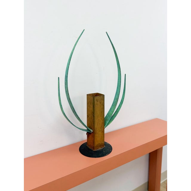 This commanding vintage brutalist steel and oxidized bronze sculpture vase is a bold and genuinely striking decorative art...
