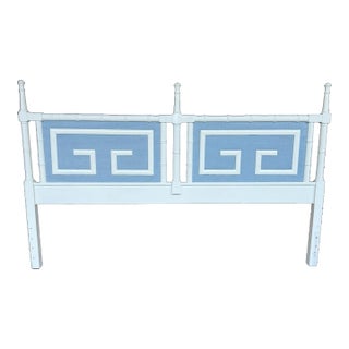 Chic Vintage Palm Beach Regency Faux Bamboo King Size Headboard With Greek Key Motif - Newly Painted French Blue and White For Sale