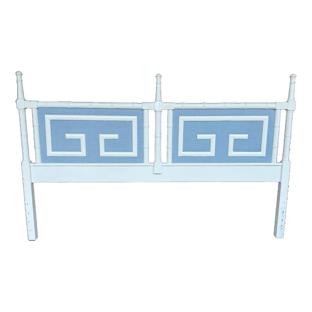 Chic Vintage Palm Beach Regency Faux Bamboo King Size Headboard With Greek Key Motif - Newly Painted French Blue and White For Sale