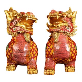 Pair of Monumental Cloisonné Qilin Statues - Chinese Gilt Brass Mythical Beast Sculptures For Sale