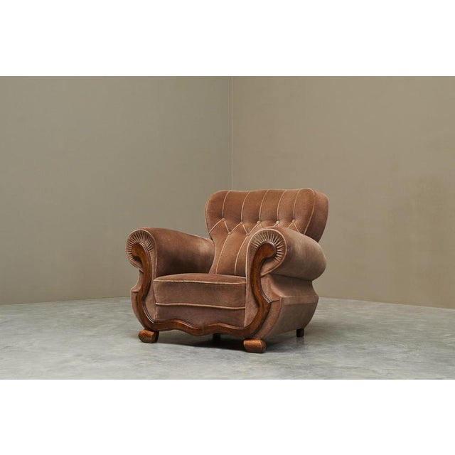 1920s Vintage Art Deco Lounge Chair in Velvet and Oak, 1930s For Sale - Image 5 of 14