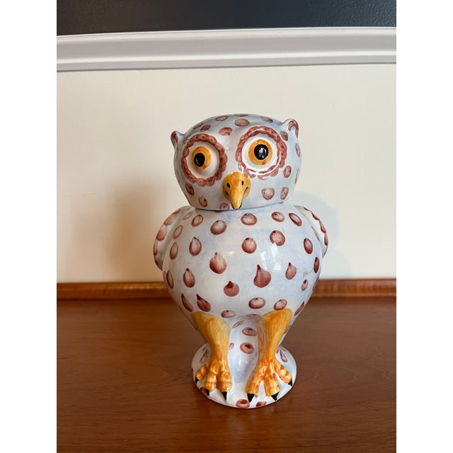 A charming handcrafted Italian bedside water service by Vietri, featuring a whimsical owl design with a removable tumbler...