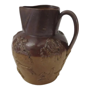 19th Century English Stoneware Salt Glaze Jug Pitcher Hunt Scene Windmills Dogs Horse (A)