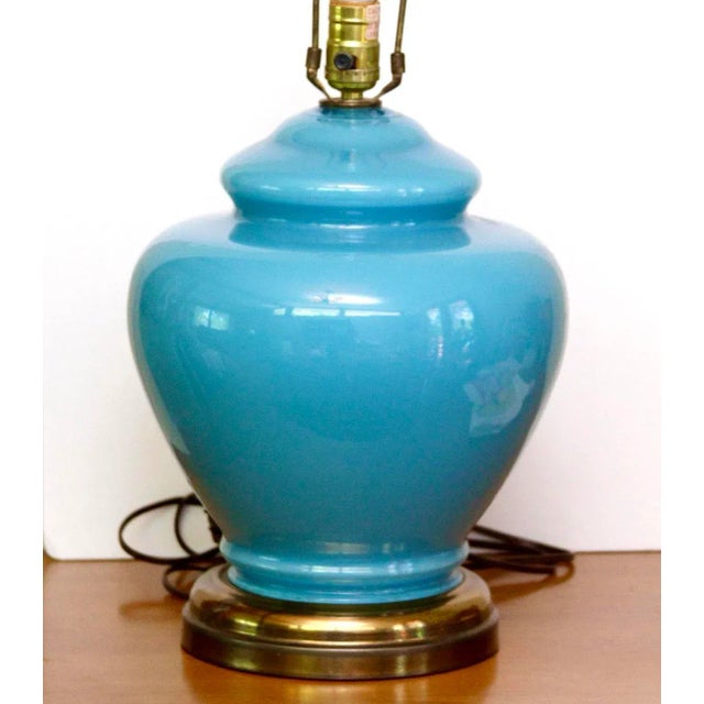 Cornflower Blue Vintage Teal and Brass Lamp For Sale - Image 8 of 8