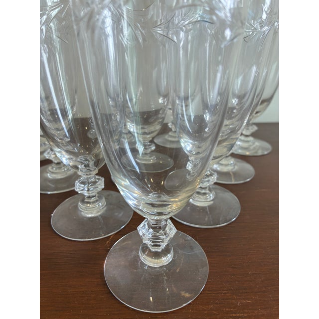 Mid 20th Century Vintage Tiffin-Franciscan Wheel-Etched Crystal Iced Tea Glasses With Faceted Stems - Set of 10 For Sale - Image 5 of 9