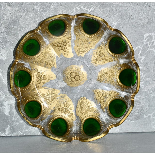 Emerald Vintage Pair of Bohemian Moser Style Dishes Etched Emerald & Gold Glass For Sale - Image 8 of 12
