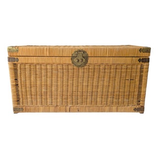 Vintage Brass & Wicker Storage Chest Trunk For Sale