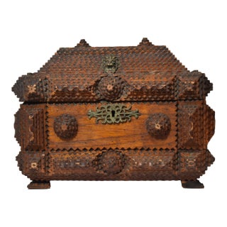 Antique Tramp Art Box With Velvet Interior and Mirror Secret Spot For Sale