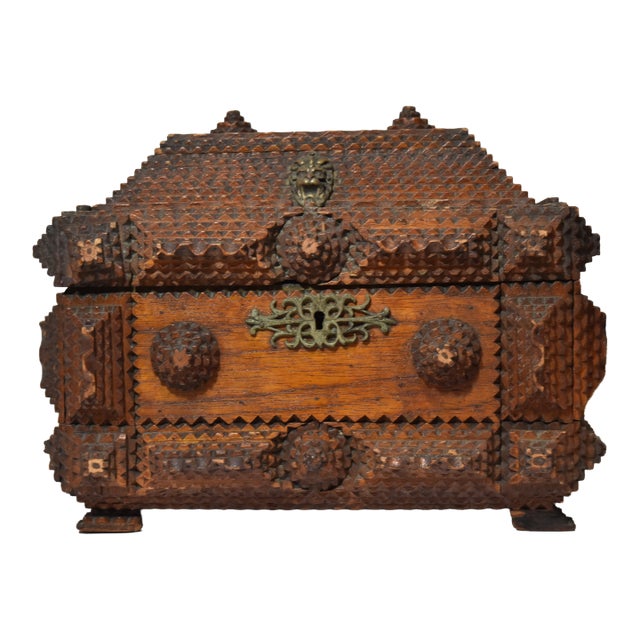 Antique Tramp Art Box With Velvet Interior and Mirror Secret Spot For Sale