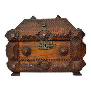 Antique Tramp Art Box With Velvet Interior and Mirror Secret Spot