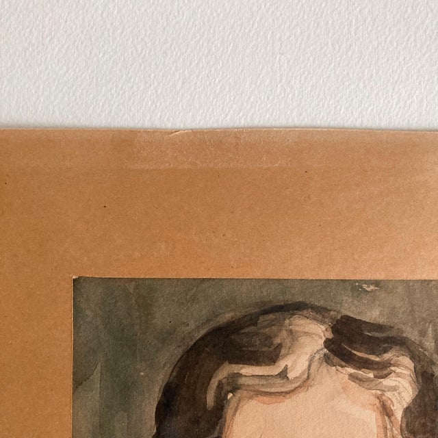 Paper 1953 Modern Portrait Watercolor Painting of a Woman Wearing a Kimono Jacket For Sale - Image 7 of 10