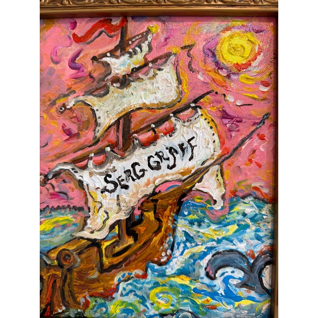 Nautical Serg Graff Original “Dolpharus” Acrylic Ship Painting | Gold Frame | Nautical For Sale - Image 3 of 9