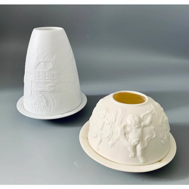 Vintage Bisque Porcelain Votive Candle Holders, Cherub & Winter Holidays Themes, Set of 2 For Sale - Image 11 of 11
