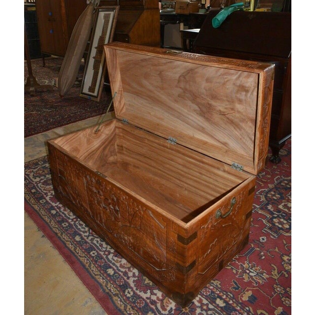 Chinese Antique Chinese Carved Camphor Chest Trunk For Sale - Image 3 of 13