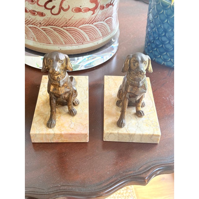 Stone Pair of Cast Brass Sporting Dog Bookends on Marble Bases For Sale - Image 7 of 12