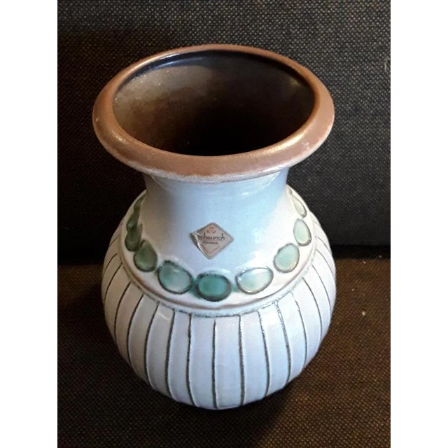 German Beige Ceramic Vase with Turquoise Decor from Scheurich, 1970s, in Good conditions. Designed 1970 to 1979 This piece...