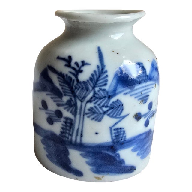 Antique Asian Chinese Brush Washer Ink Pot Porcelain Jar Hand Painted Blue & White For Sale