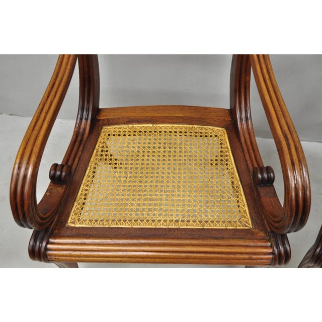 Brown Vintage English Regency Style Cane Seat Mahogany Saber Leg Arm Chairs - A Pair For Sale - Image 8 of 18
