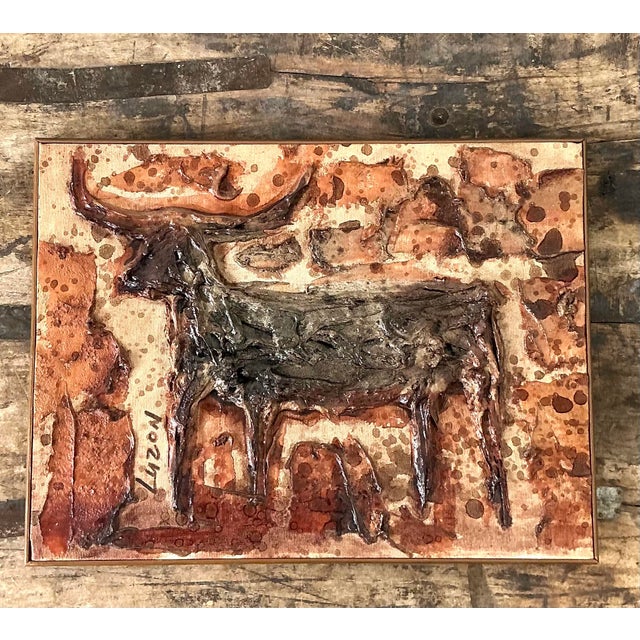 Vintage Original Mixed Media Bull on Canvas For Sale - Image 4 of 12