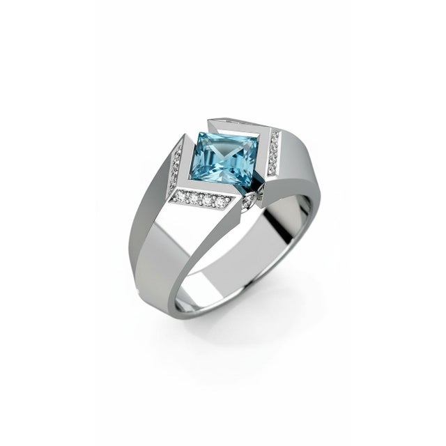 Metal Square-Cut Blue Topaz Architectural Silver Cocktail Ring, Size 7.5 For Sale - Image 7 of 8