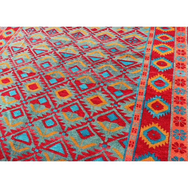 Textile Mid 20th Century Unique and Vibrant Turkish Oushak Rug With Colorful and Bright Diamond Design For Sale - Image 7 of 11
