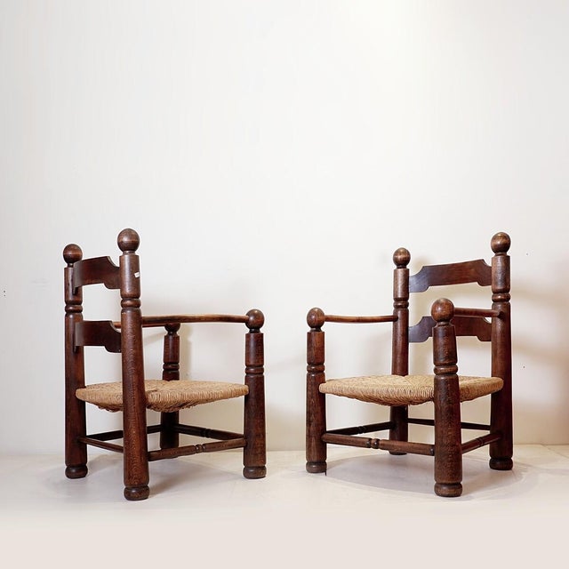 Ladder Back Armchair in Oak and Rush Seat from Charles Dudouyt, France, 1940s, Set of 2 For Sale - Image 3 of 15