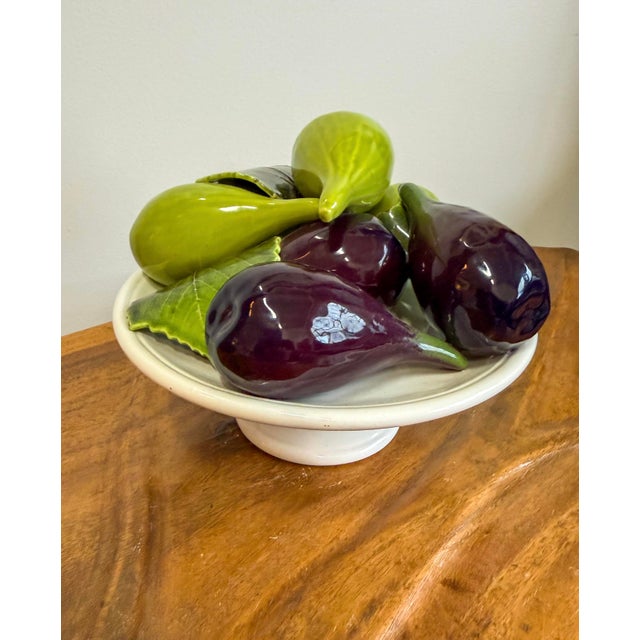 Vintage Italian Ceramiche Arcobaleno by Bertinazzo. Chartreuse green and Eggplant purple Trompe L'Oleil Figs on a white...