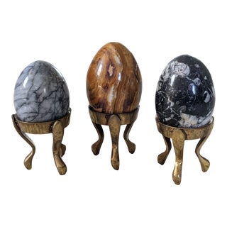 Vintage Italian Polished Onyx Eggs on Brass Stands- Set of 3 For Sale